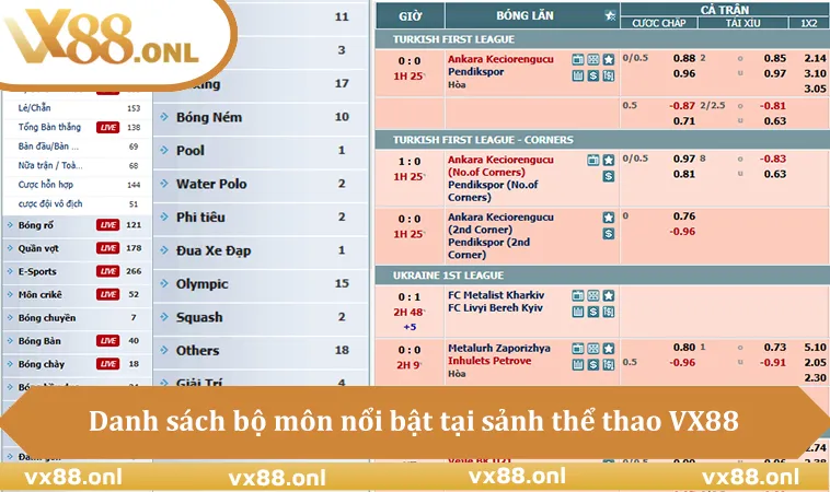 Danh sách bộ môn nổi bật tại sảnh thể thao VX88