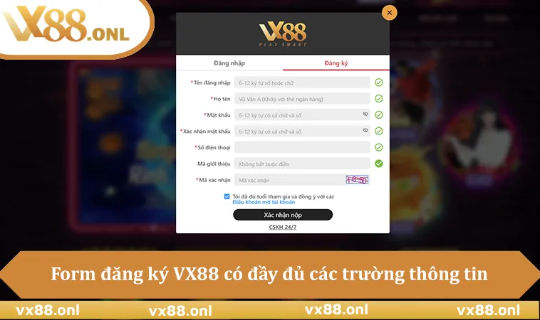 Form đăng ký VX88 có đầy đủ các trường thông tin cần thiết