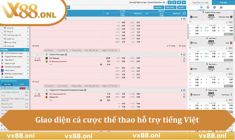 Giao diện cá cược thể thao hỗ trợ tiếng Việt
