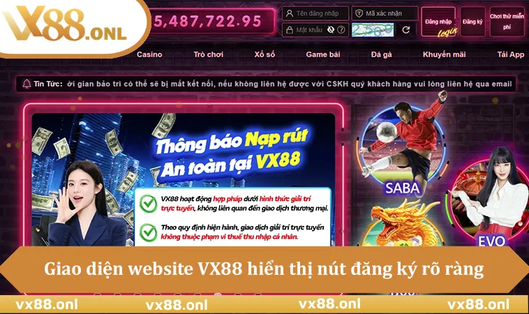Giao diện website VX88 hiển thị nút đăng ký rõ ràng