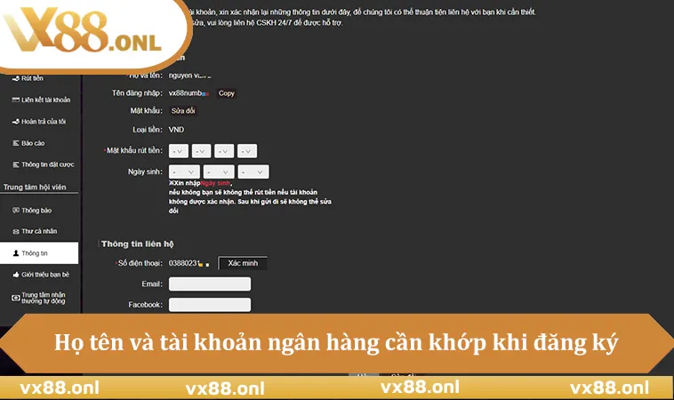 Họ tên và tài khoản ngân hàng cần khớp khi đăng ký VX88
