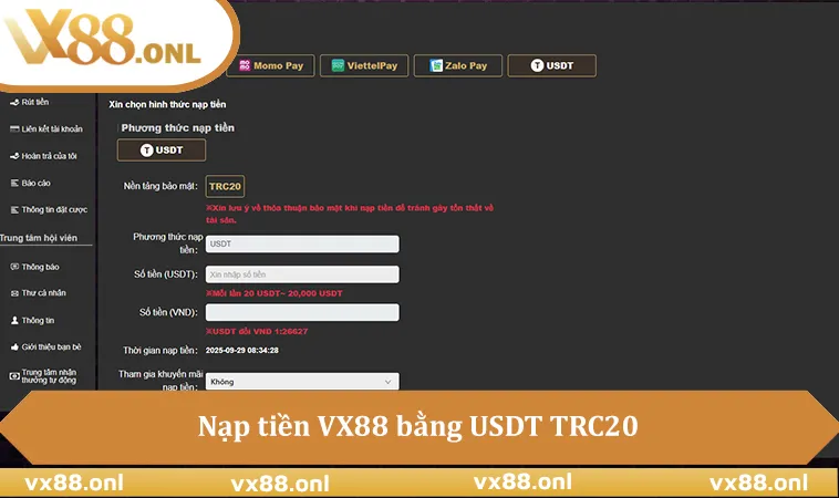 Nạp tiền VX88 bằng USDT TRC20