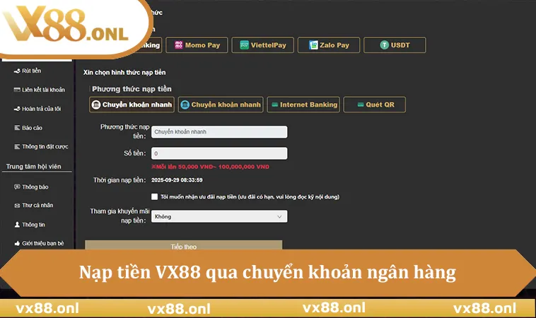 Nạp tiền VX88 qua chuyển khoản ngân hàng